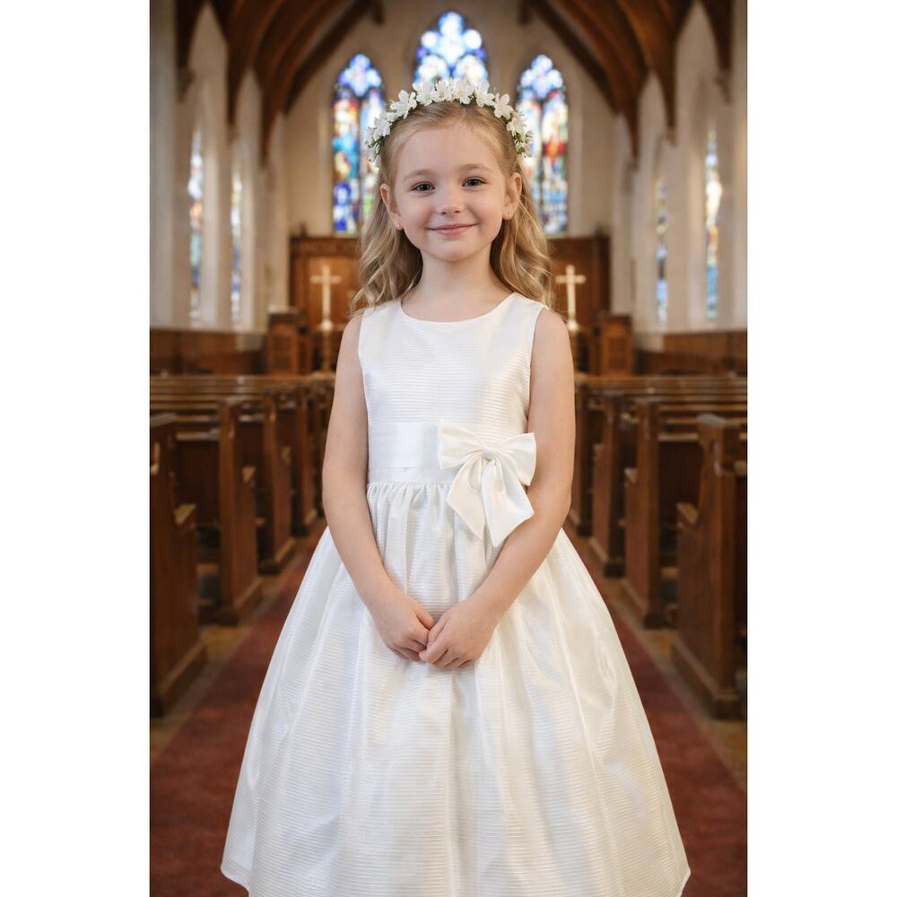 NEW Girls First Holy Communion Dress Size 5 - Striped Organza Satin Waist Trim